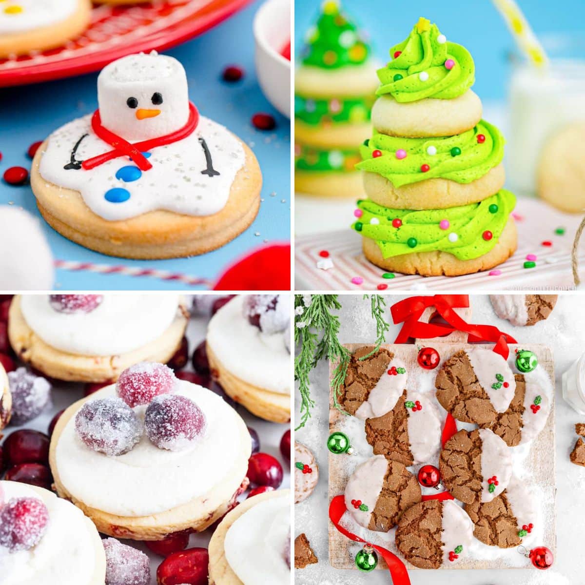 Top left melting snowman cookie, top right stacked sugar cookie Christmas tree, bottom left cranberry sugar cookies, bottom right molasses cookies with holly decorations.