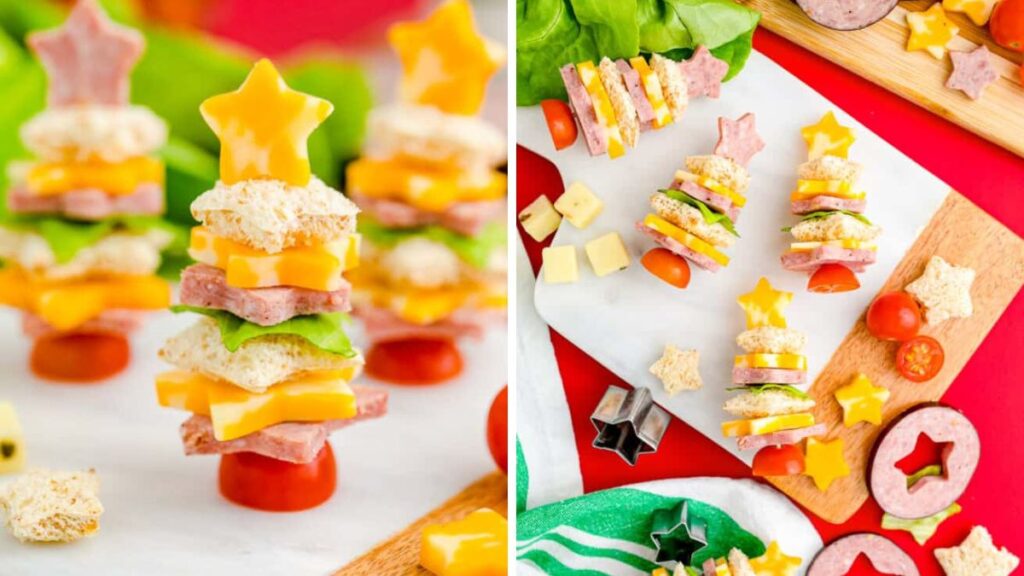 Christmas tree sandwiches on a white plate.