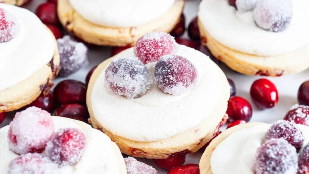 Cranberry cookies topped with sugared cranberries.