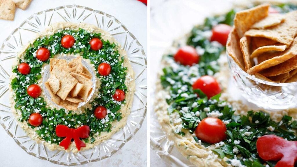 Hummus wreath on a glass plate.