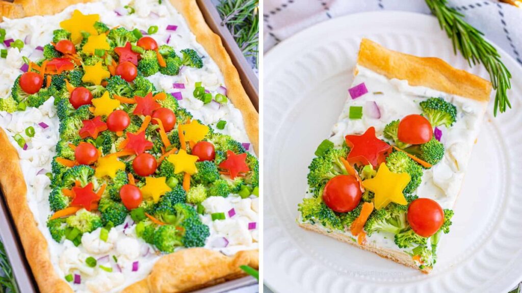 Christmas tree veggie pizza on a cookie sheet.