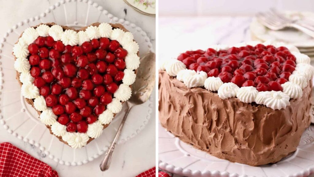 A heart shaped chocolate cake with cherries over the top.