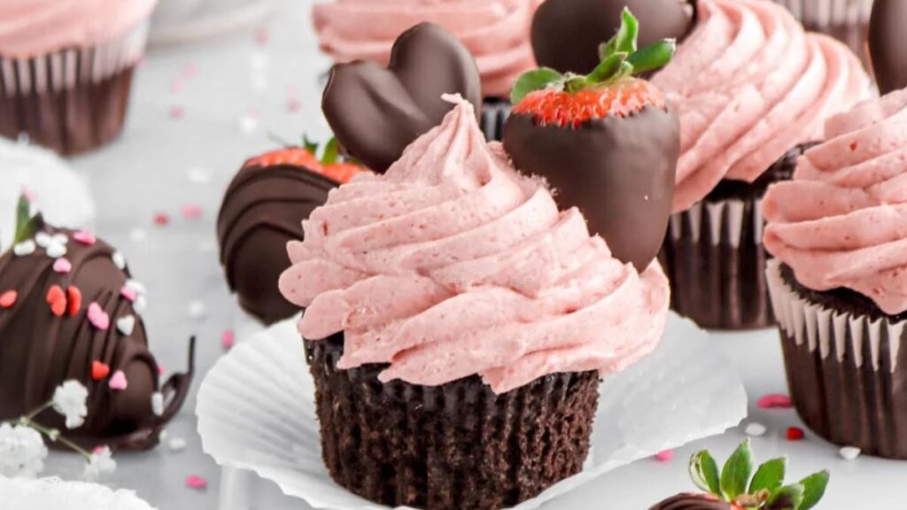 Chocolate cupcakes with pink frosting and a chocolate covered strawberry on top.