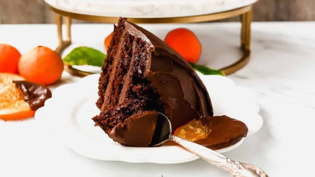 A chocolate layer cake with orange zest, juice and candied oranges.