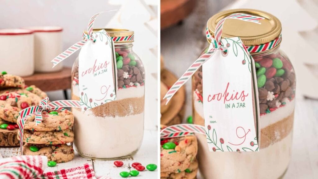 Cookie mix in a jar with gift tag.