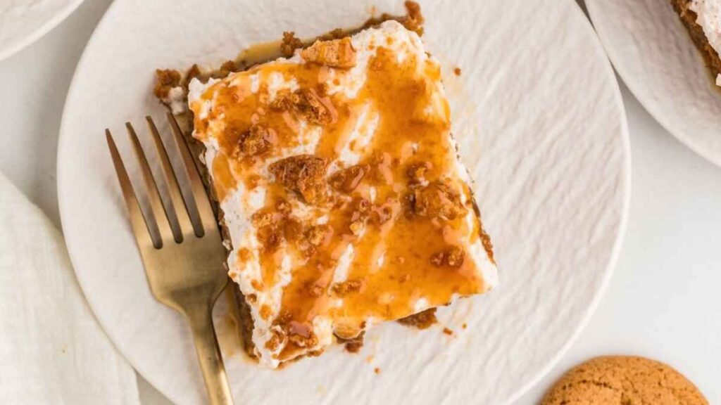 A spice cake with crushed gingersnap cookies over the top.
