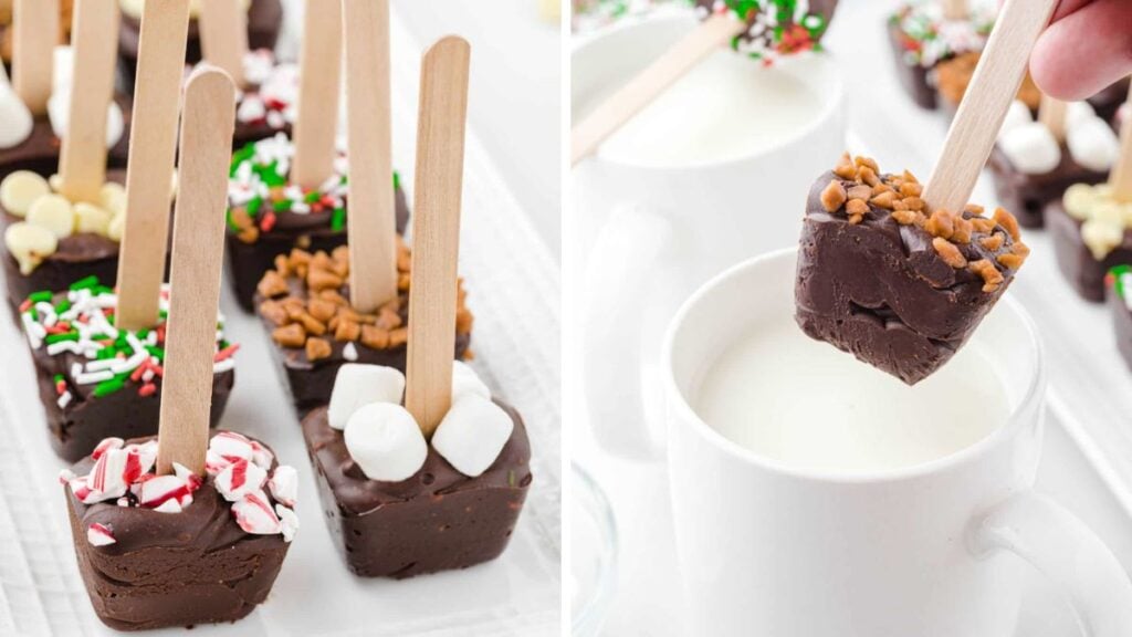 Hot chocolate with candy on sticks and image of hot chocolate stick being dunked in white mug filled with milk.