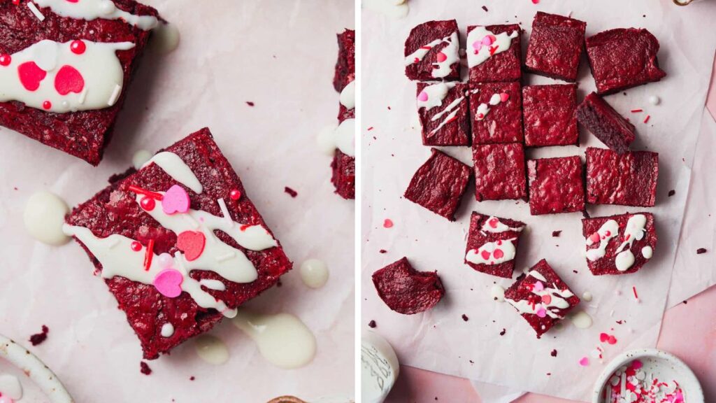 Red velvet brownies with sprinkles and white chocolate drizzle.