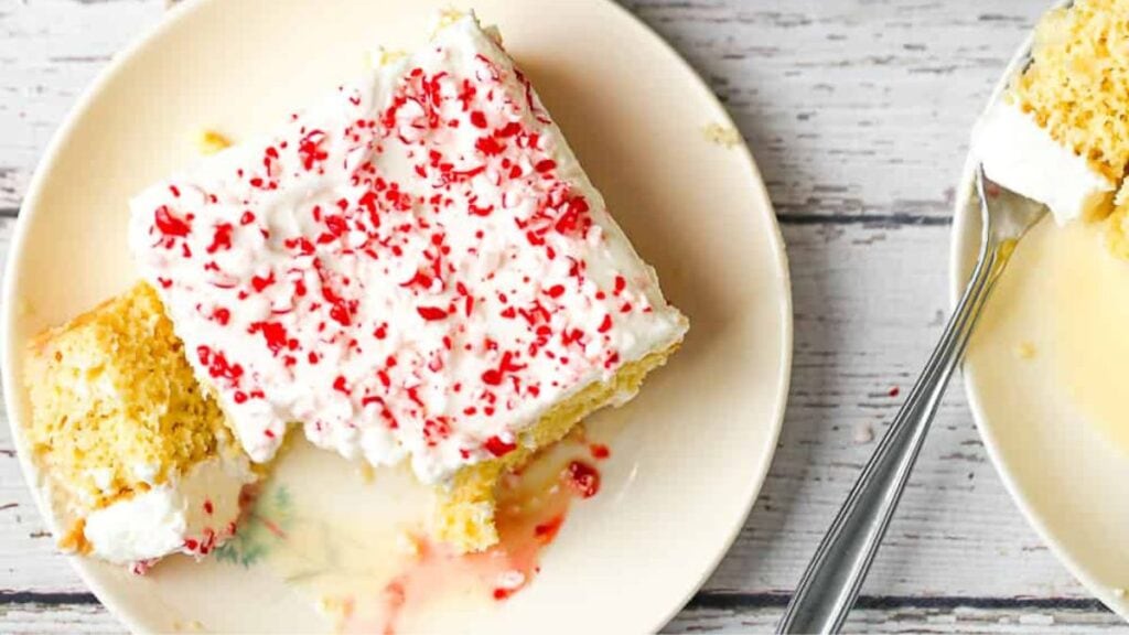 A tres leches cake with crushed peppermint over the top.