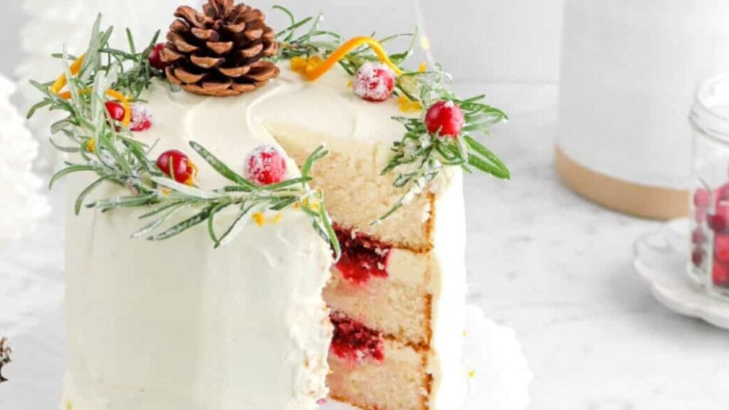 A layer cake with cranberry orange filling.