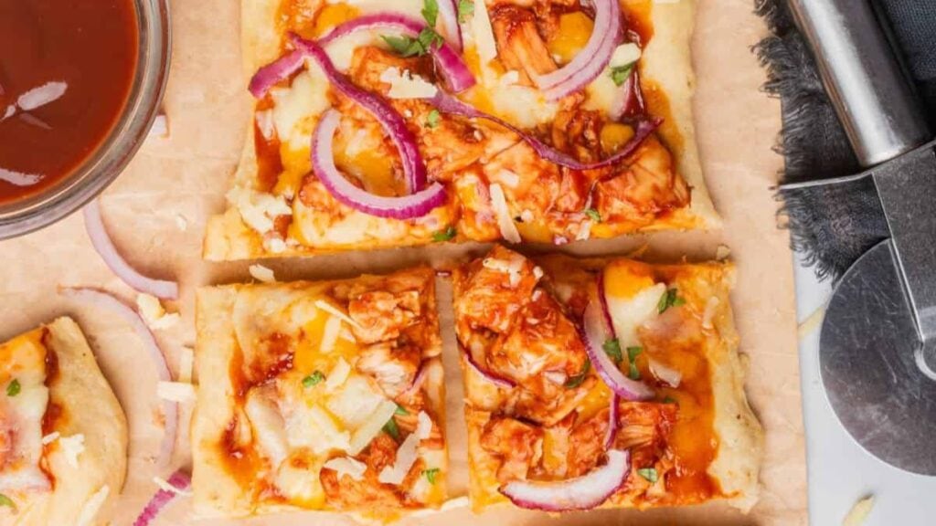 BBQ chicken flatbread cut into bite sized pieces.  