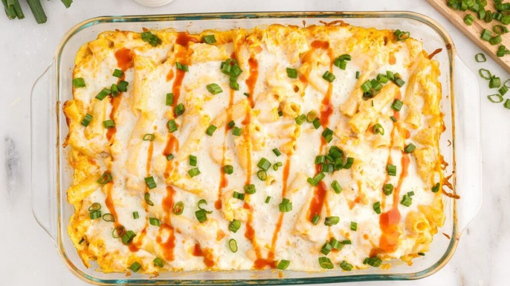 Creamy buffalo chicken casserole in a dish. 