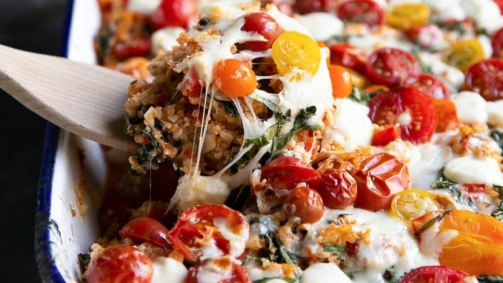 Casserole made with quinoa, cauliflower rice, cheese, and veggies.