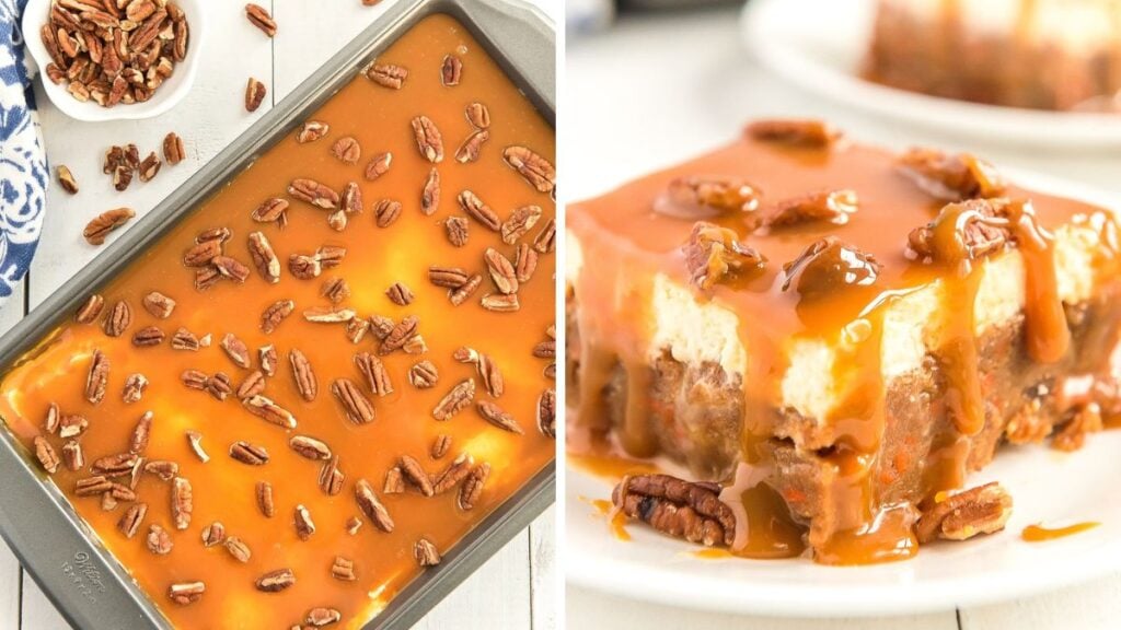 Side by side picture of finished carrot poke cake and sliced piece.