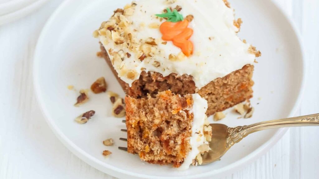 Moist carrot sheet cake with cream cheese frosting.