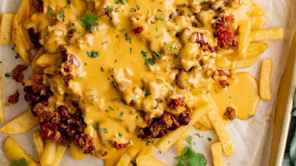 Fries topped with chili and cheese sauce.