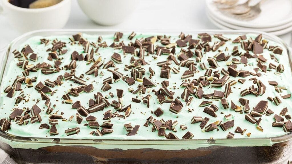 Chocolate cake with mint frosting on top.