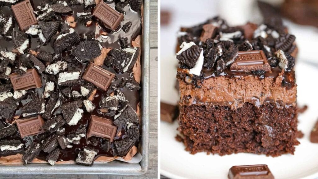 Chocolate cake topped with chocolate candy, cookies, and frosting.