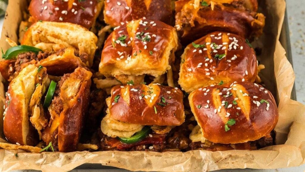 BBQ sliders made with beef, bacon, cheese, and chilies.