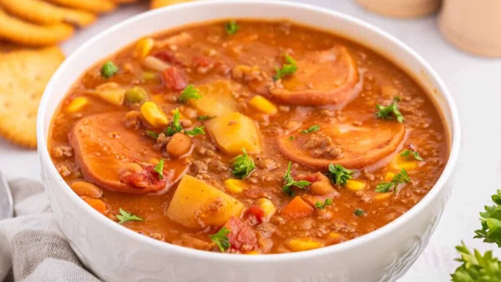 Cowboy stew with sausage and potatoes in a bowl.