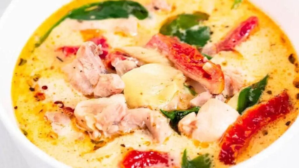 Close up of creamy tuscan chicken soup. 