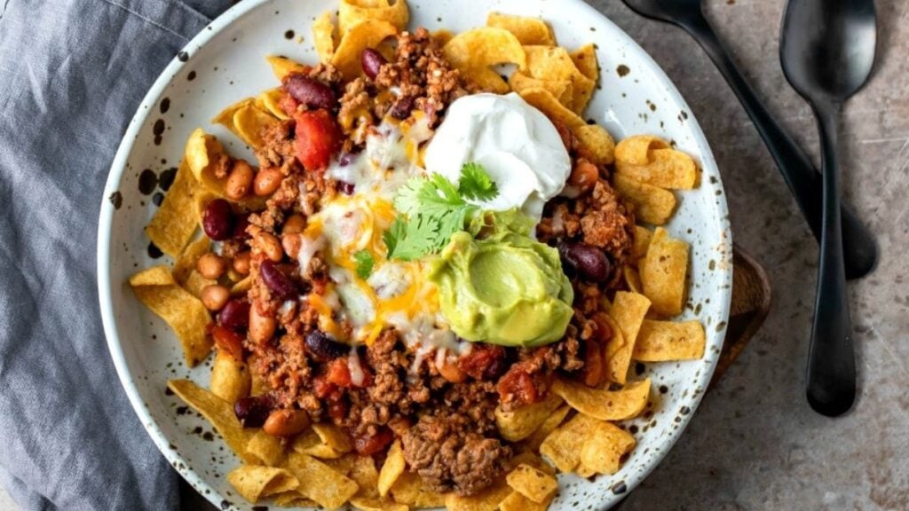 Fritos topped with chili and sour cream on a plate.
