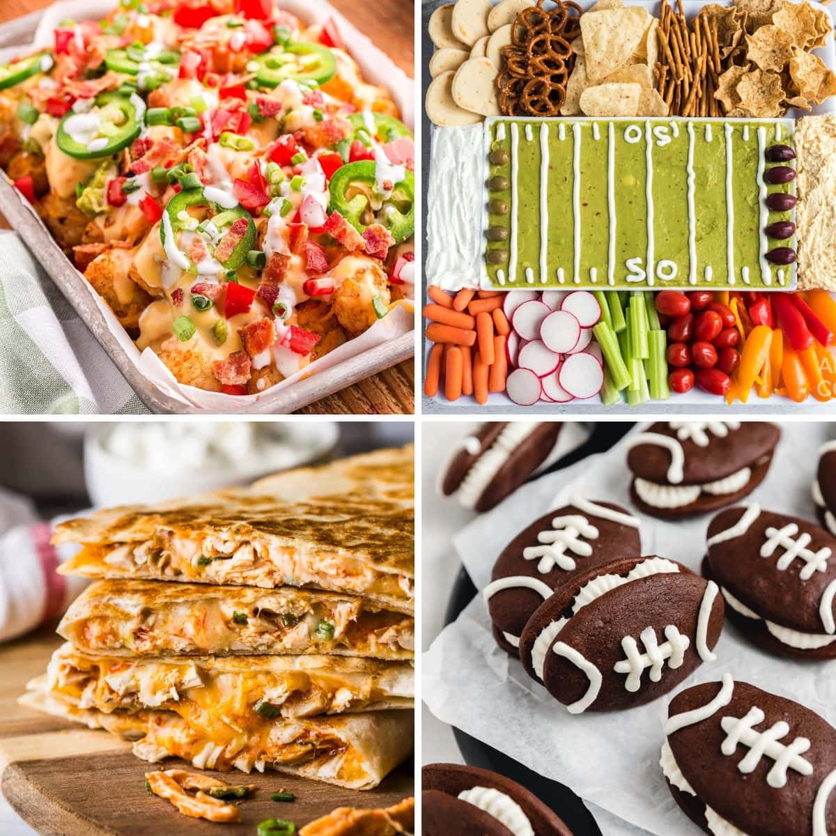 Collage of sweet and savory game day recipes.
