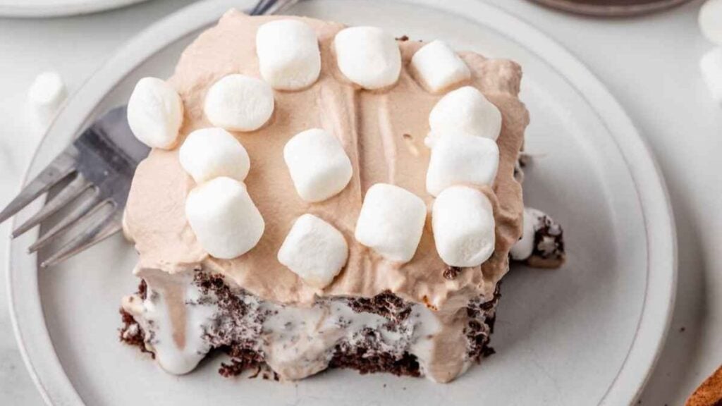 Hot chocolate flavored cake topped with frosting and marshmallows.