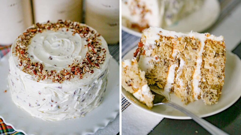 A whole cream cake with nuts and a slice of it on a plate.