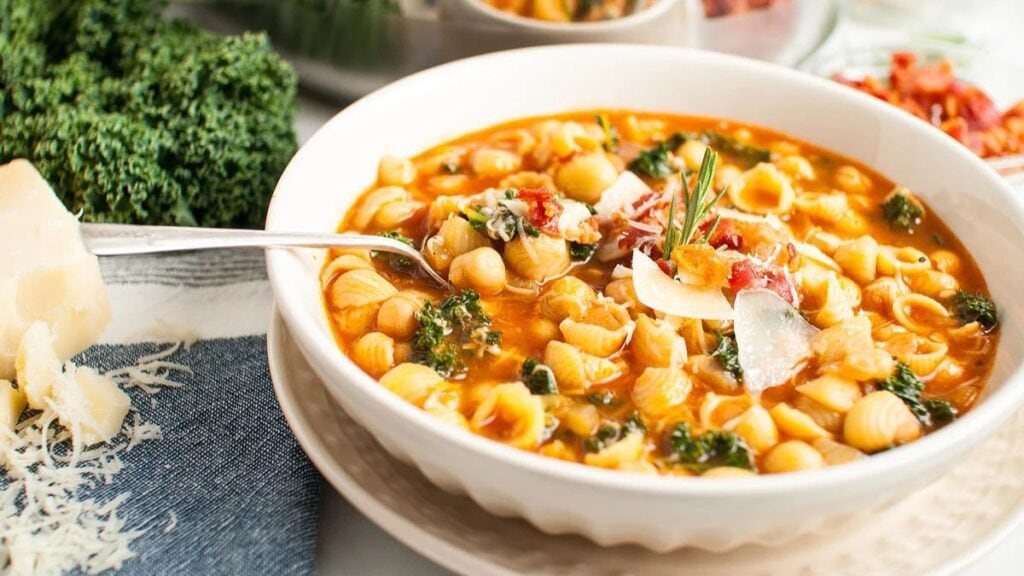 Pasta and chickpeas in a hearty Italian flavored sauce. 