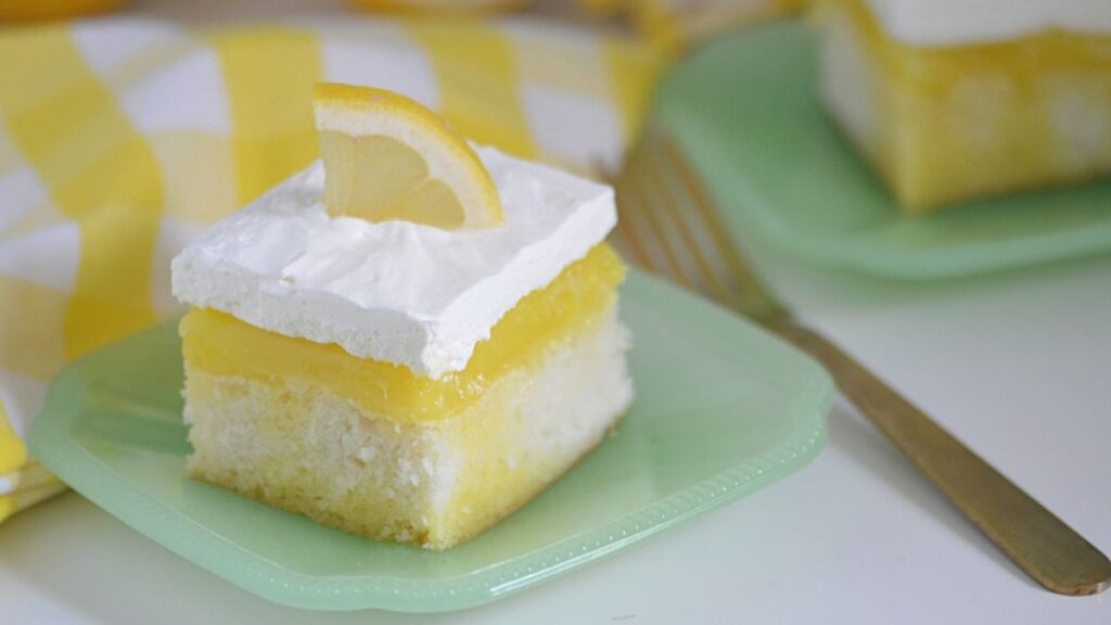 White cake with lemon pudding and frosting.