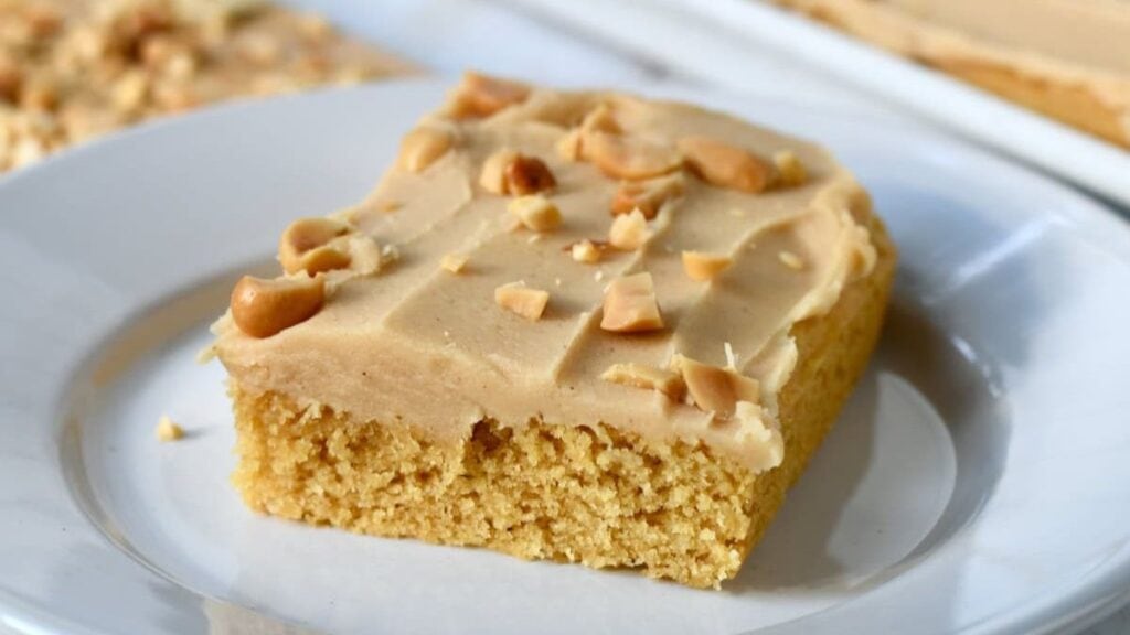 A flavorful piece of peanut butter sheet cake.