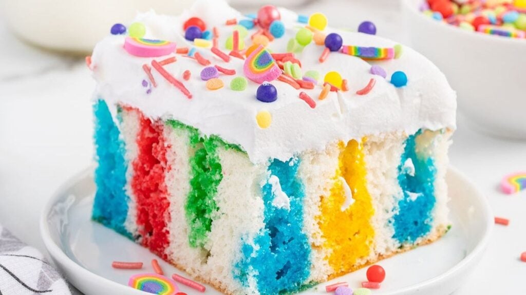 Color rainbow cake made with jello.