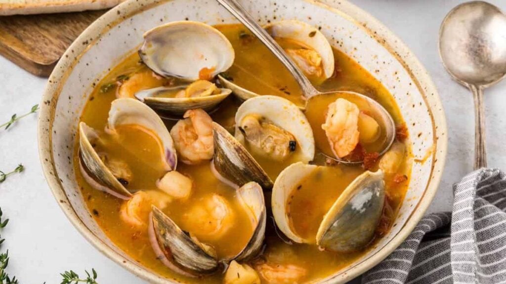 Seafood flavored stew in a bowl. 
