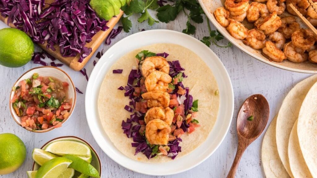 Shrimp tacos plated and ready to eat.