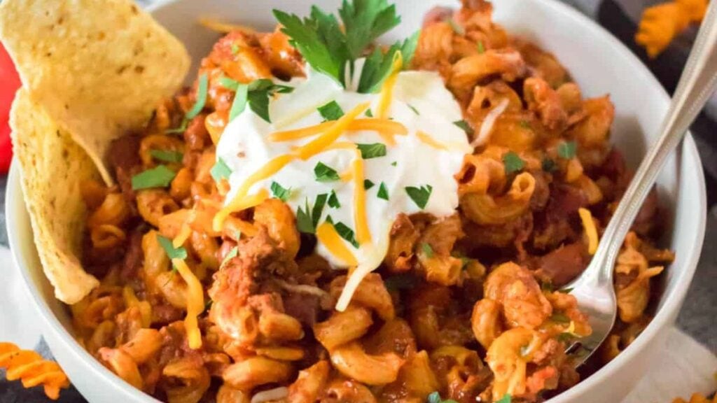 Chili mac with chips on the side.
