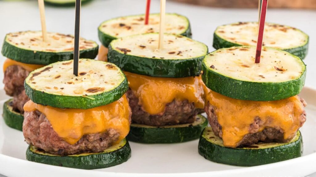 Beef sliders made with sliced zucchini instead of bread.