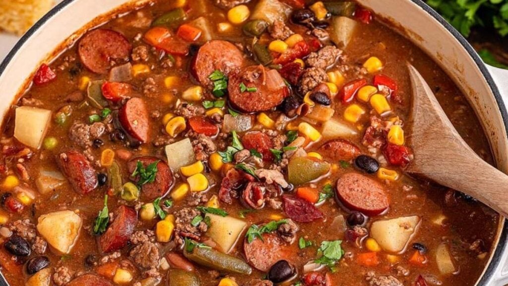 Cowboy stew in pot with spoon.