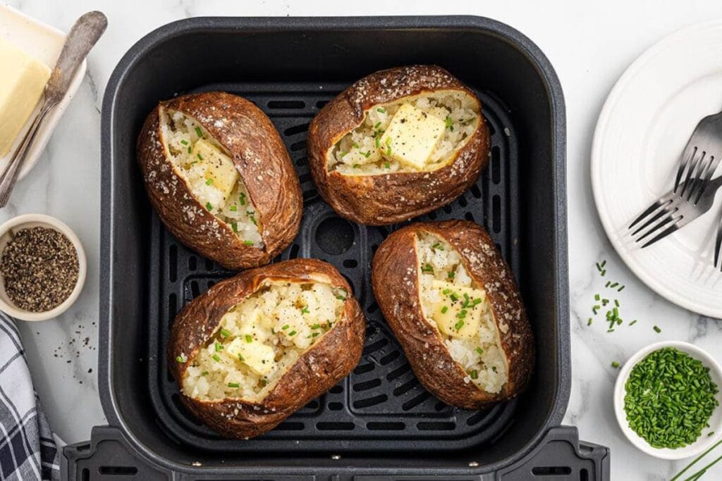Cooked potatoes in the air fryer basket. 