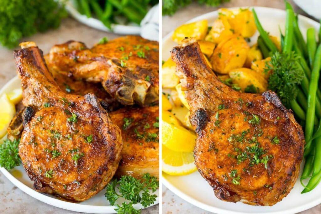 Side by side images of plated air fryer pork chops.