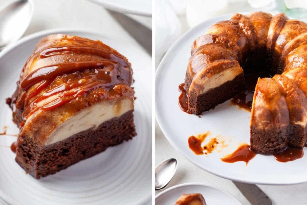 Chocoflan on a serving plate. 