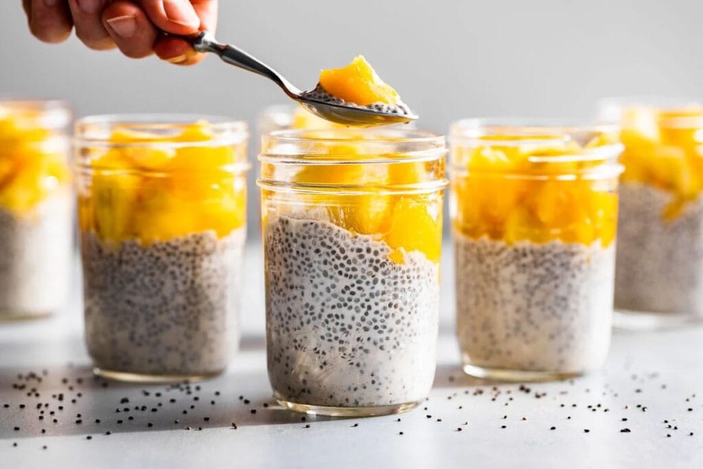 Coconut chia pudding in jars.