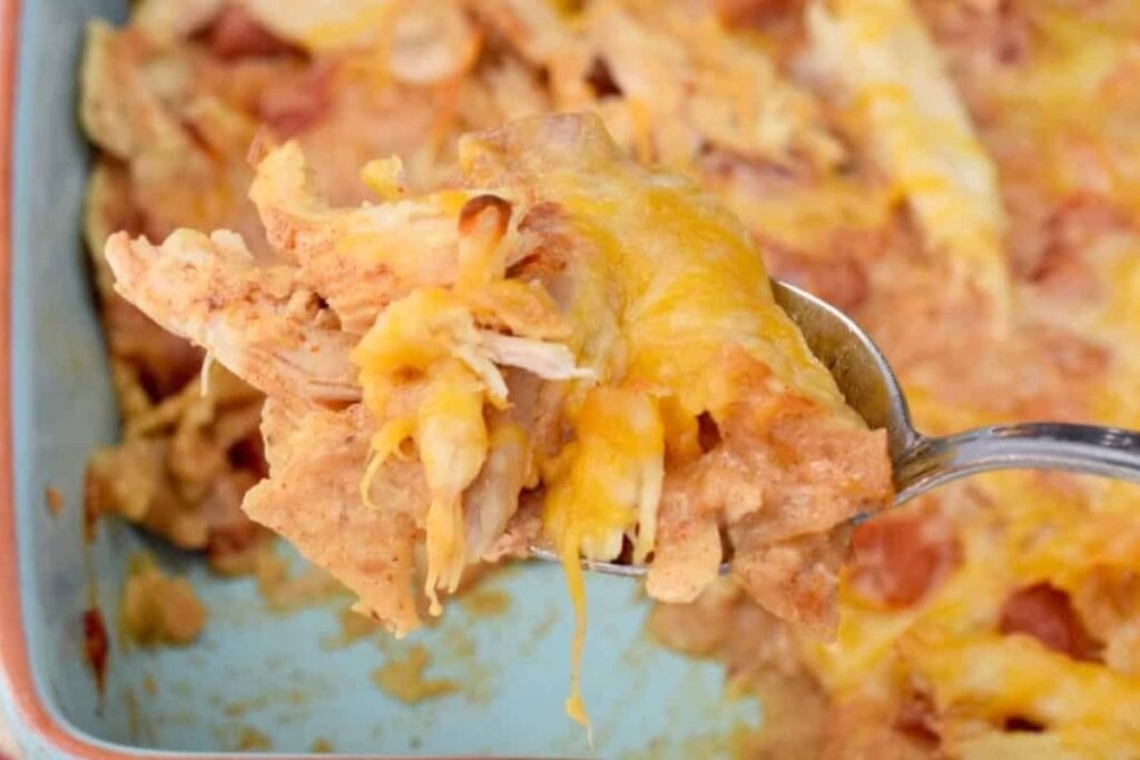 A spoonful of chicken casserole.