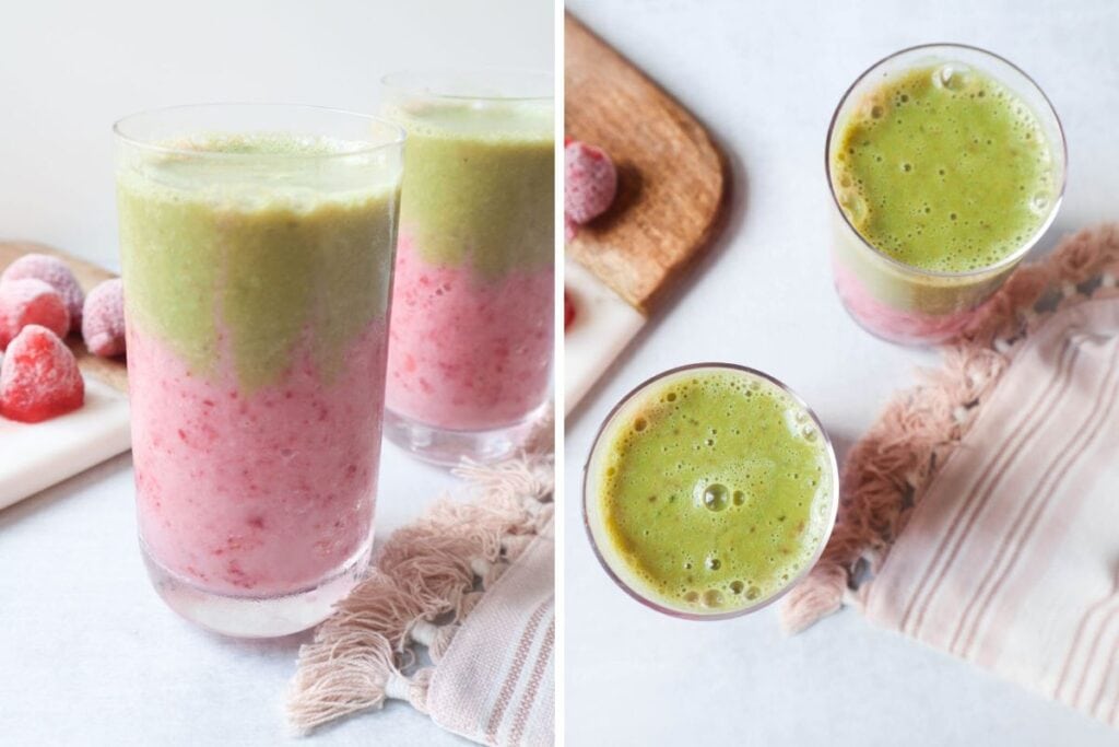Strawberry and matcha smoothie in a glass.