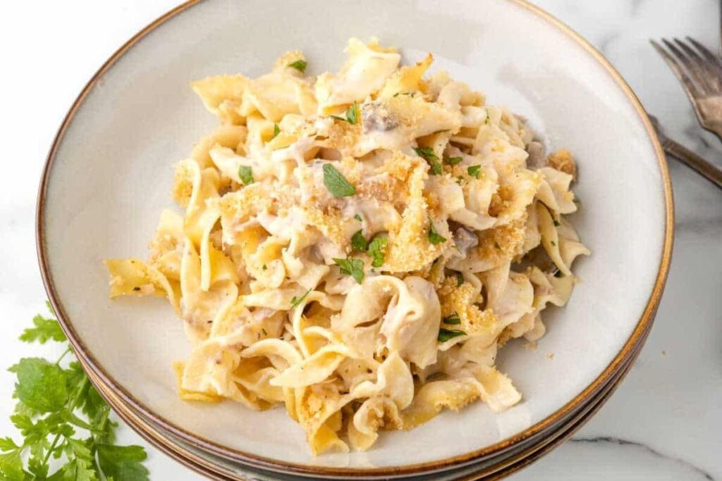 Tuna noodle casserole on a plate.