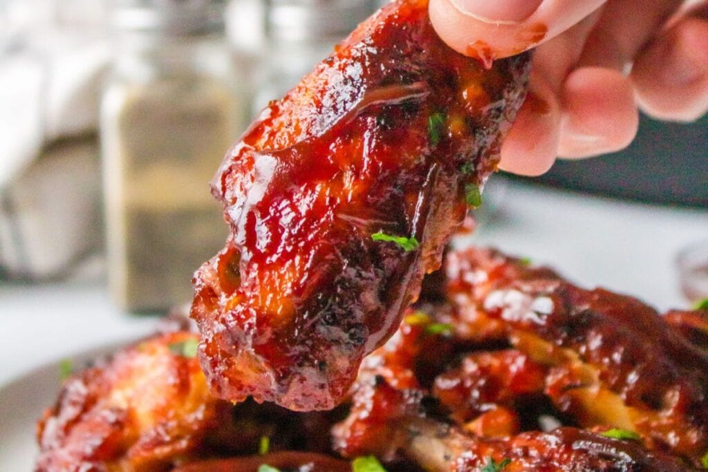 Hand holding a BBQ chicken wings.