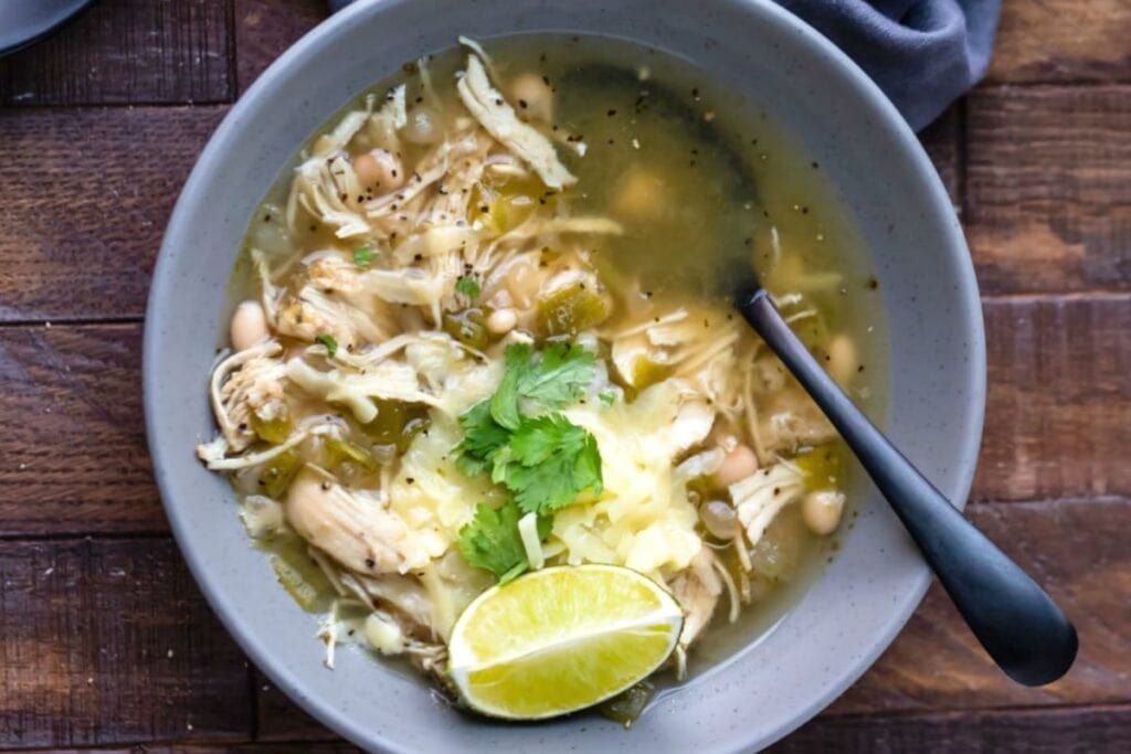 White chicken chili soup in a bowl.