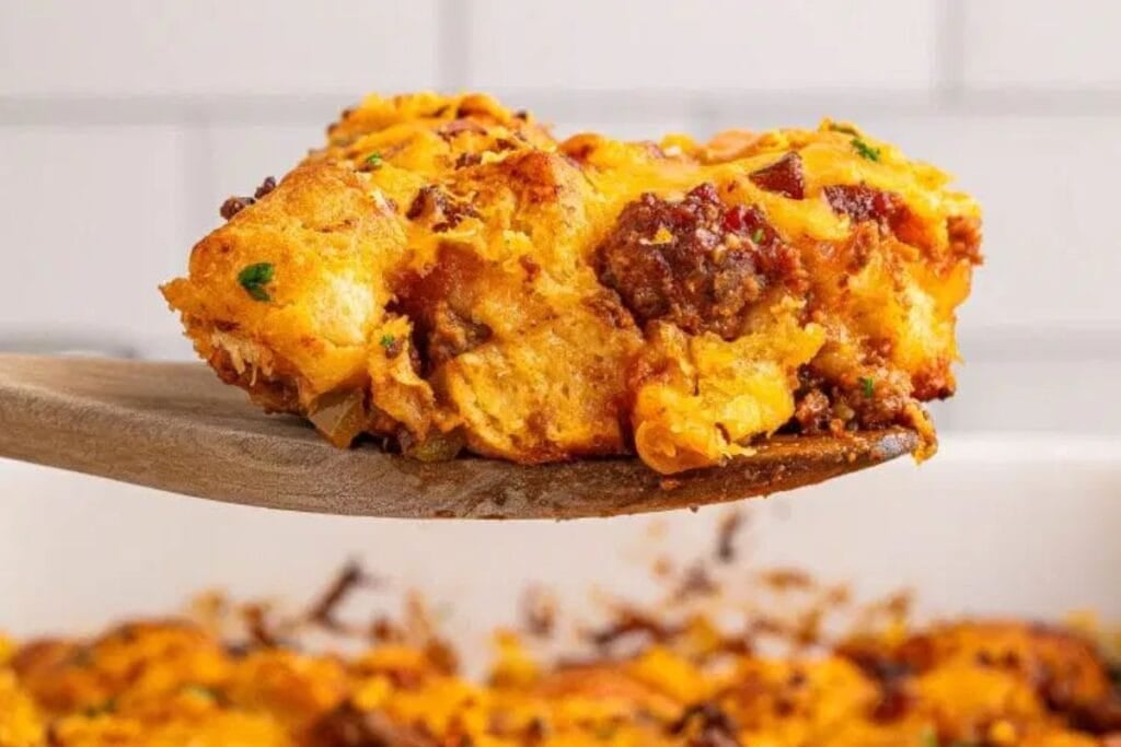 A slice of biscuit casserole on a wooden ladle.