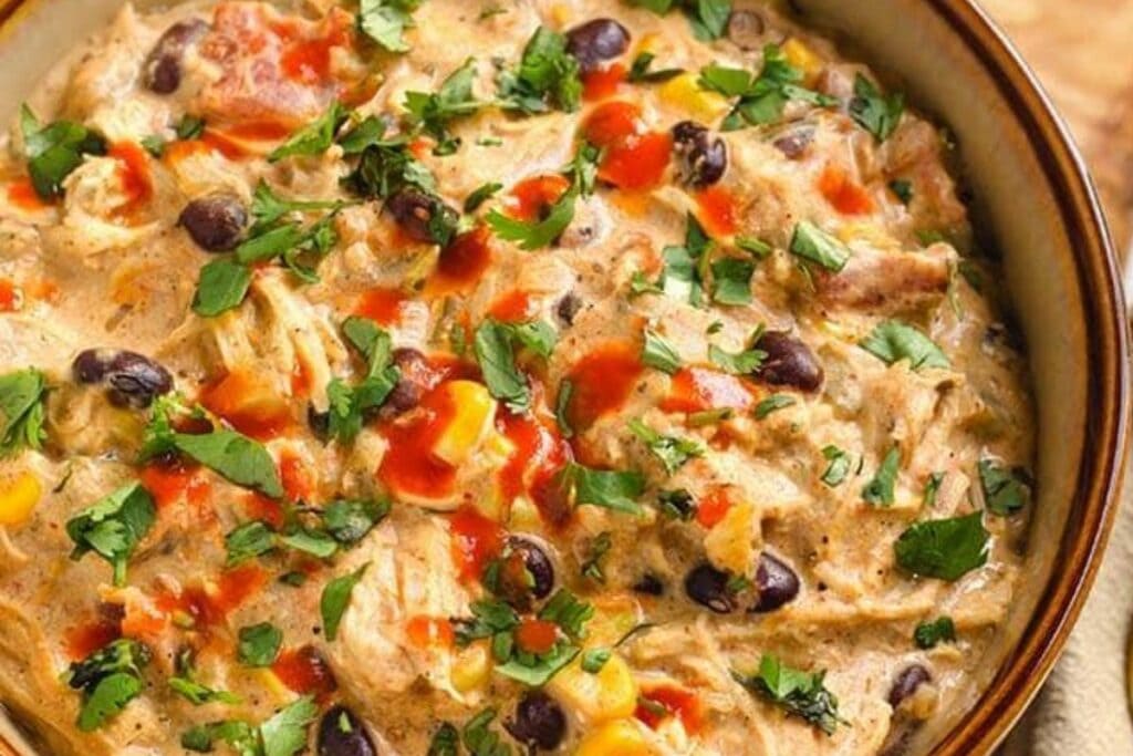 Creamy chicken chili in a bowl.