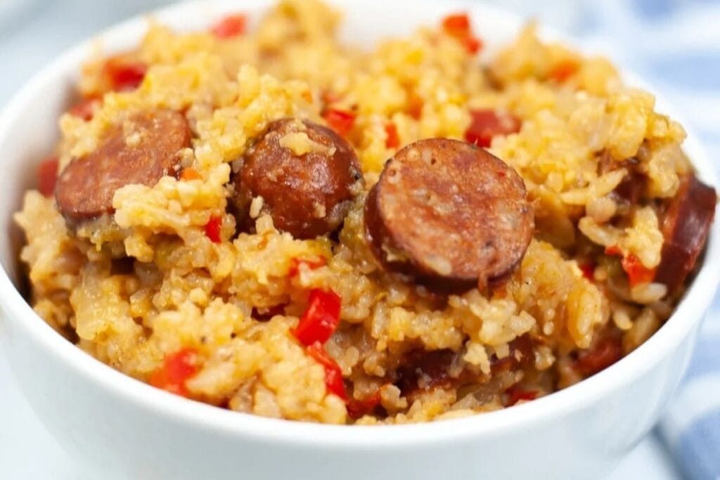 Jambalaya with sausage in a bowl.